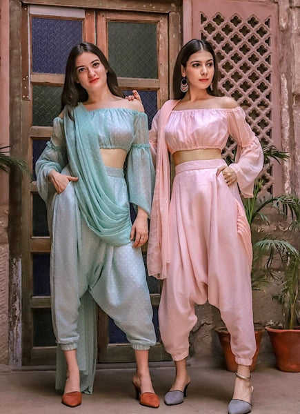Off Shoulder Crop Top With Dhoti Pants And Attached Dupatta Set | Dhoti Saree vitansethnics