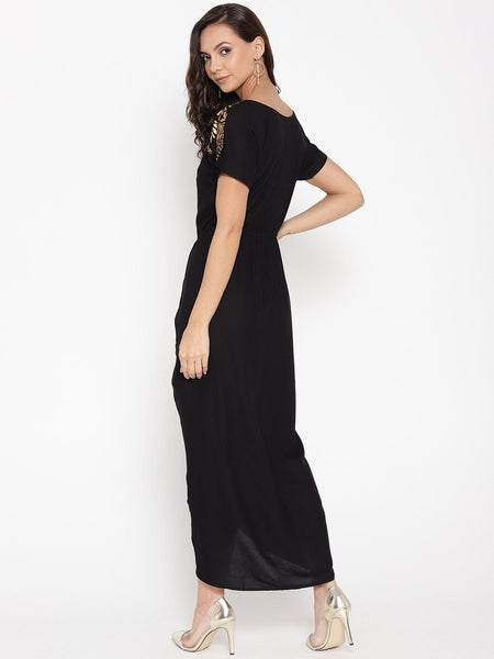 Gold Block Print Front Pleated Side Cowl Dress vitansethnics