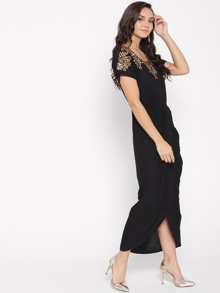 Gold Block Print Front Pleated Side Cowl Dress vitansethnics