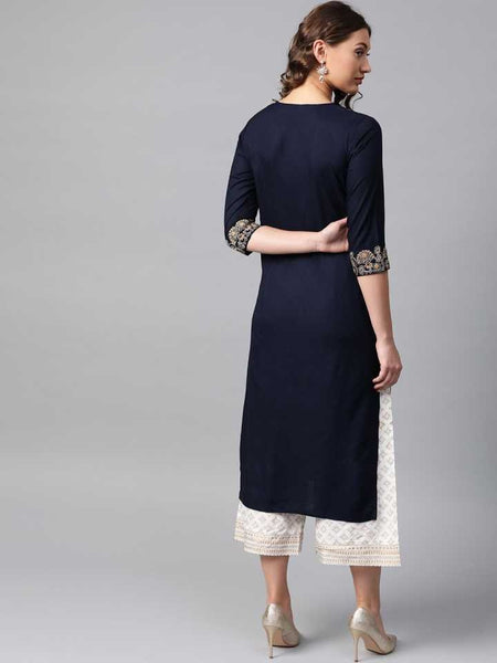 Navy Blue Paisley Floral Embroidery Kurta With Palazzo Set vitansethnics