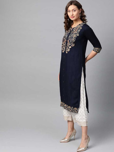 Navy Blue Paisley Floral Embroidery Kurta With Palazzo Set vitansethnics