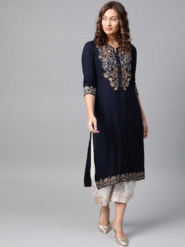 Navy Blue Paisley Floral Embroidery Kurta With Palazzo Set vitansethnics
