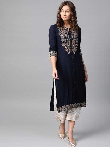 Navy Blue Paisley Floral Embroidery Kurta With Palazzo Set vitansethnics