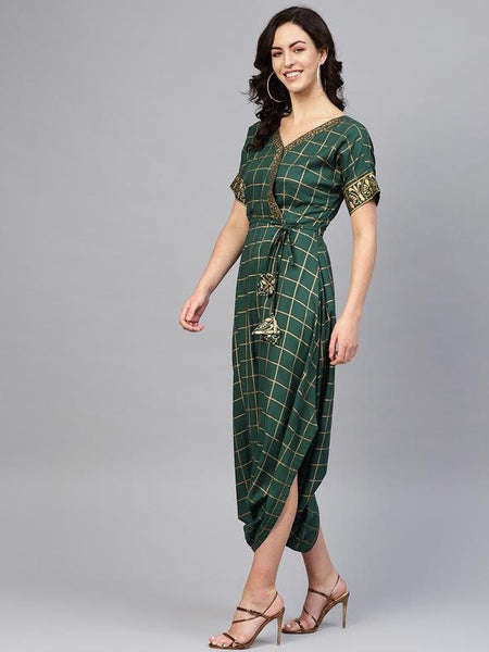 Checkered Printed Overlap Neck Low Crotch Dhoti Jumpsuit vitansethnics