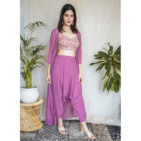 Sequin Embroidered Crop Top With Dhoti Pants And Long Jacket Set vitansethnics