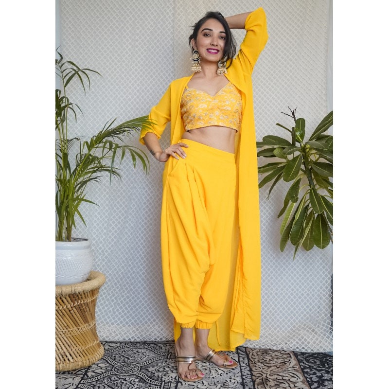Sequin Embroidered Crop Top With Dhoti Pants And Long Jacket Set