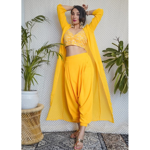 Sequin Embroidered Crop Top With Dhoti Pants And Long Jacket Set vitansethnics