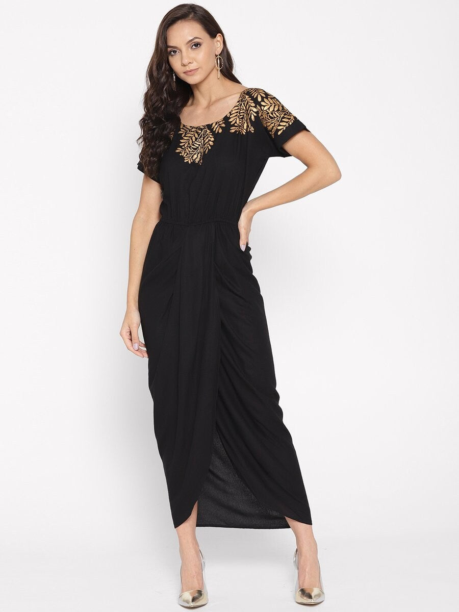 Gold Block Print Front Pleated Side Cowl Dress vitansethnics