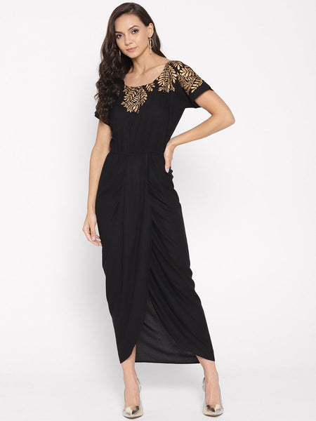 Gold Block Print Front Pleated Side Cowl Dress vitansethnics