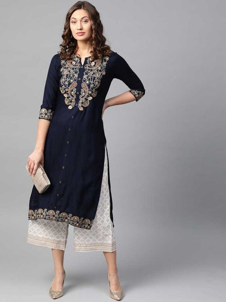 Navy Blue Paisley Floral Embroidery Kurta With Palazzo Set vitansethnics