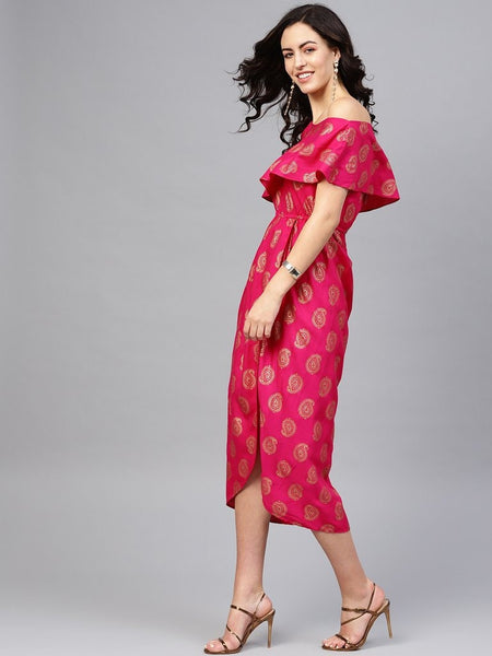 One Shoulder Yoke Overlap Printed Dress vitansethnics