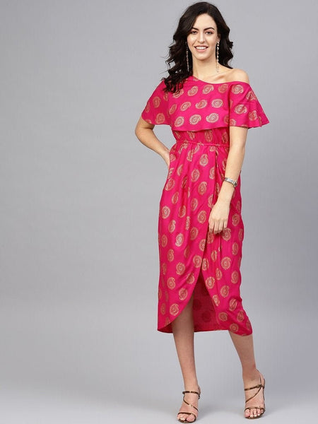 One Shoulder Yoke Overlap Printed Dress vitansethnics