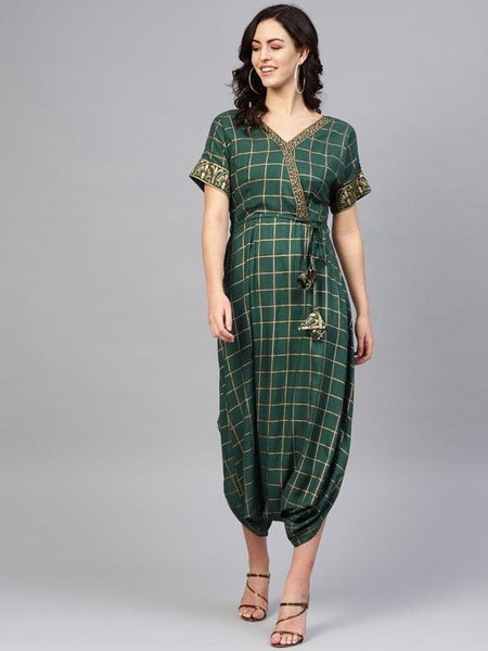 Checkered Printed Overlap Neck Low Crotch Dhoti Jumpsuit vitansethnics