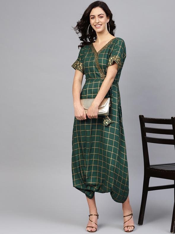 Checkered Printed Overlap Neck Low Crotch Dhoti Jumpsuit vitansethnics