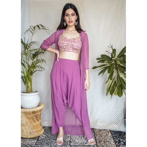 Sequin Embroidered Crop Top With Dhoti Pants And Long Jacket Set vitansethnics