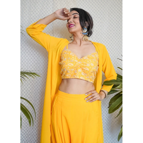 Sequin Embroidered Crop Top With Dhoti Pants And Long Jacket Set vitansethnics