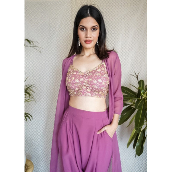 Sequin Embroidered Crop Top With Dhoti Pants And Long Jacket Set vitansethnics