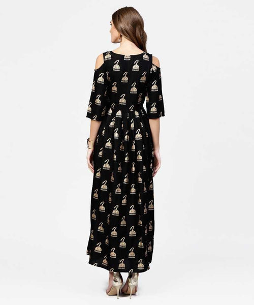 Black & Golden Block Print Maxi Dress vitansethnics