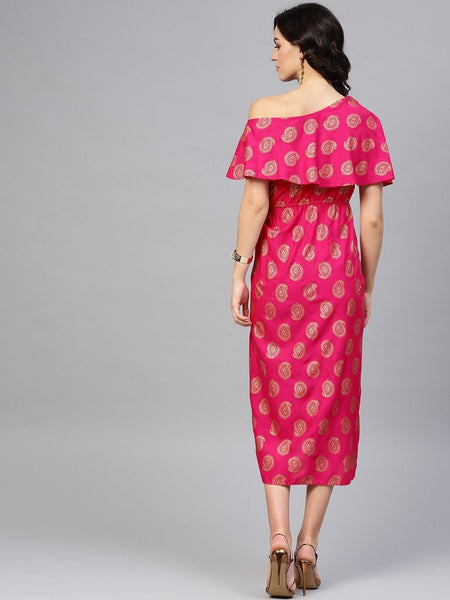 One Shoulder Yoke Overlap Printed Dress vitansethnics