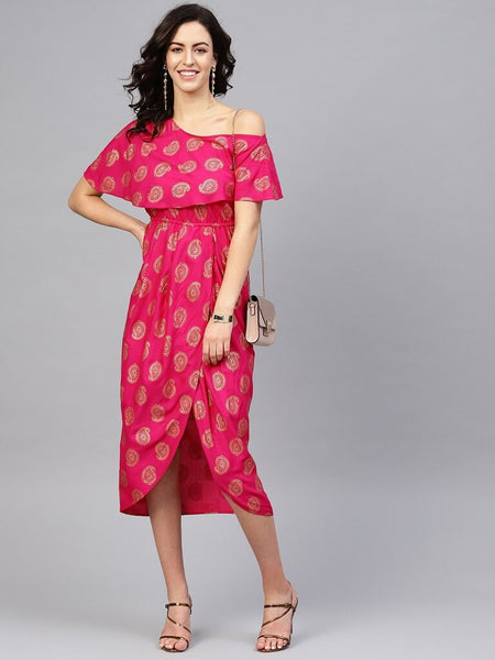 One Shoulder Yoke Overlap Printed Dress vitansethnics