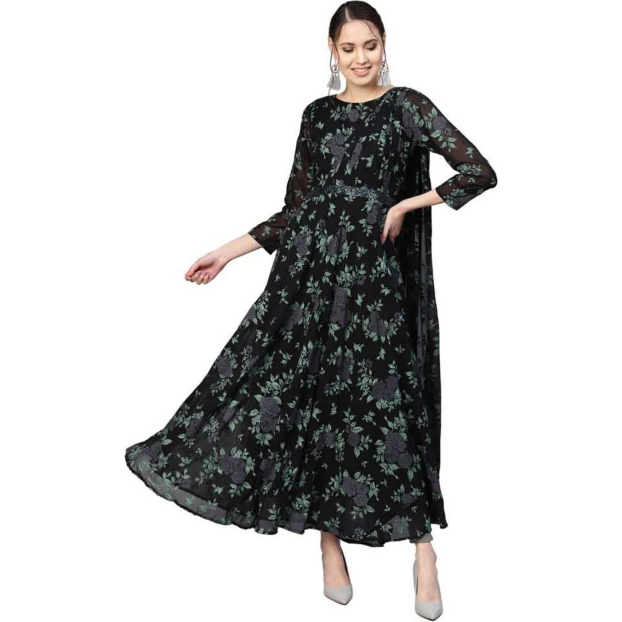 Floral Printed Maxi Dress With Attached Dupatta - VitansEthnics Floral Printed Maxi Dress With Attached Dupatta - VitansEthnics
