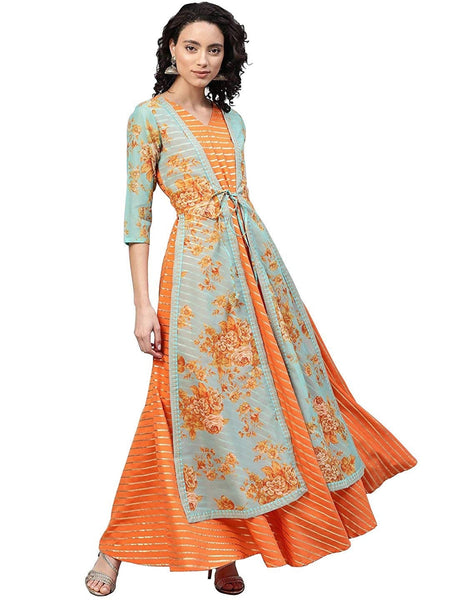 Orange Golden Foil Print Striped Anarkali Dress With Layered Jacket vitansethnics