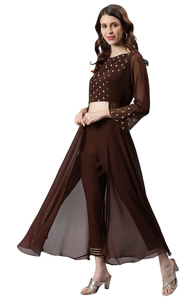 Brown Indian Crop Top With Pants Set vitansethnics