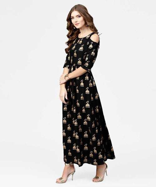 Black & Golden Block Print Maxi Dress vitansethnics