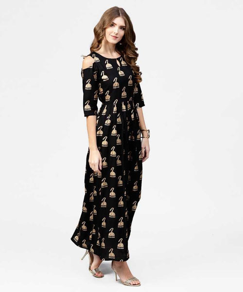Black & Golden Block Print Maxi Dress vitansethnics