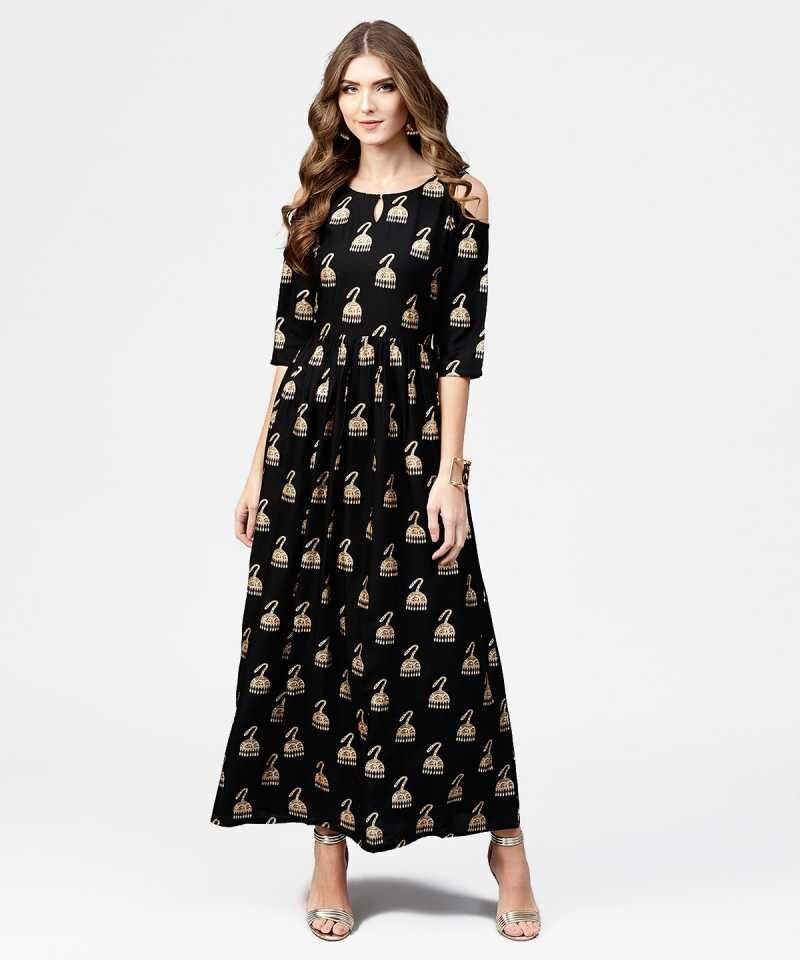 Black & Golden Block Print Maxi Dress vitansethnics