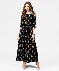 Black & Golden Block Print Maxi Dress vitansethnics