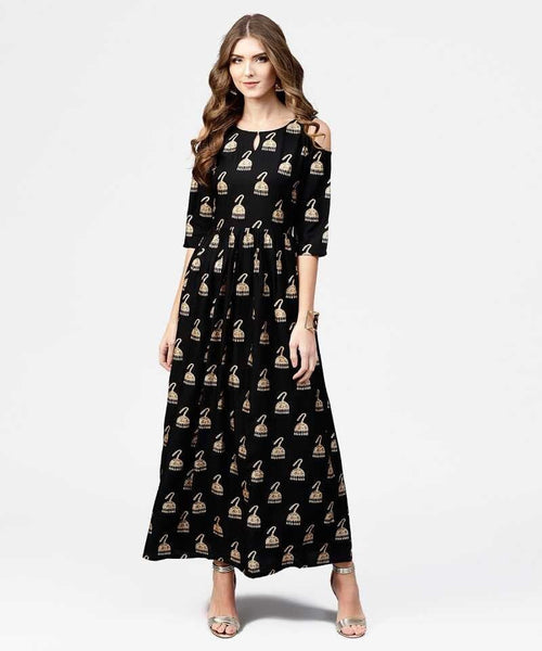 Black & Golden Block Print Maxi Dress vitansethnics