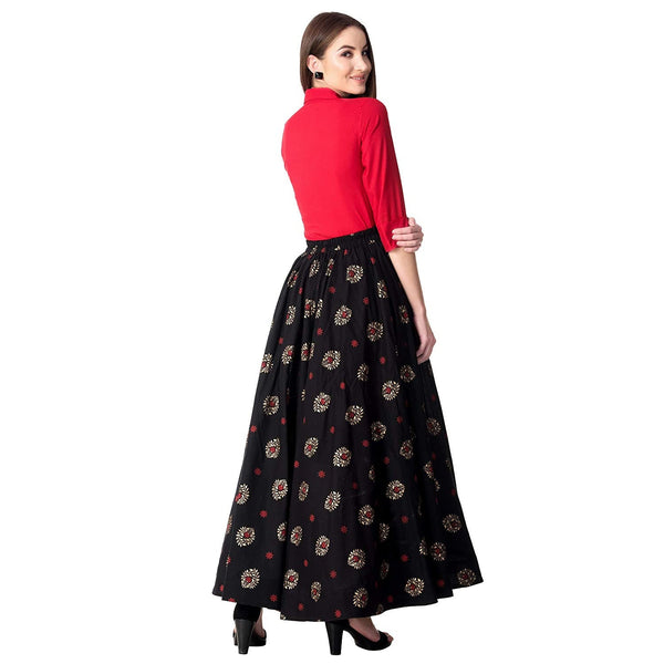 Red & Black Solid Shirt with Printed Skirt vitansethnics
