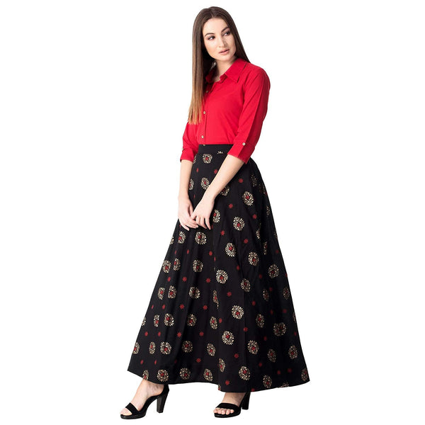 Red & Black Solid Shirt with Printed Skirt vitansethnics