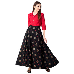 Red & Black Solid Shirt with Printed Skirt vitansethnics