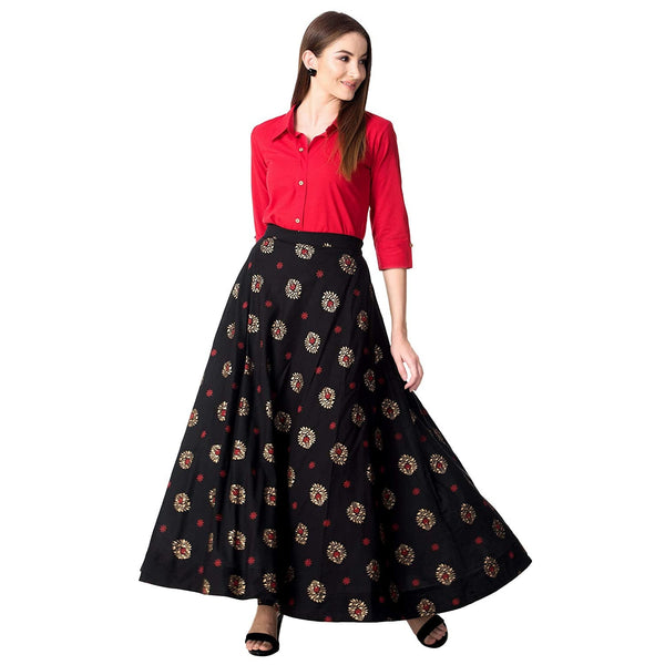 Red & Black Solid Shirt with Printed Skirt vitansethnics