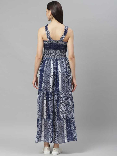 Navy Blue and White Geometric Printed Maxi Tiered Dress vitansethnics