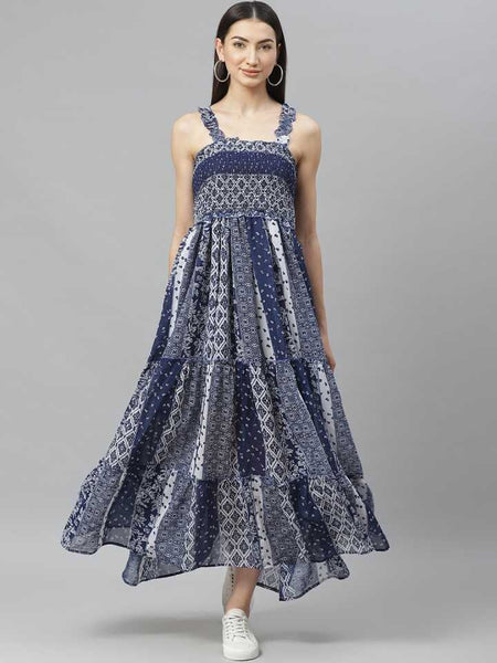 Navy Blue and White Geometric Printed Maxi Tiered Dress vitansethnics