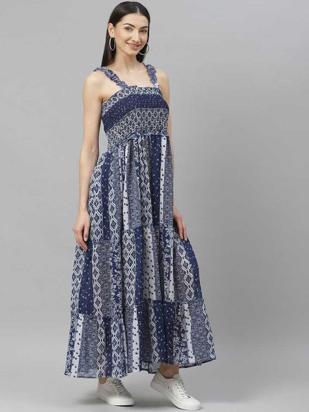 Navy Blue and White Geometric Printed Maxi Tiered Dress vitansethnics
