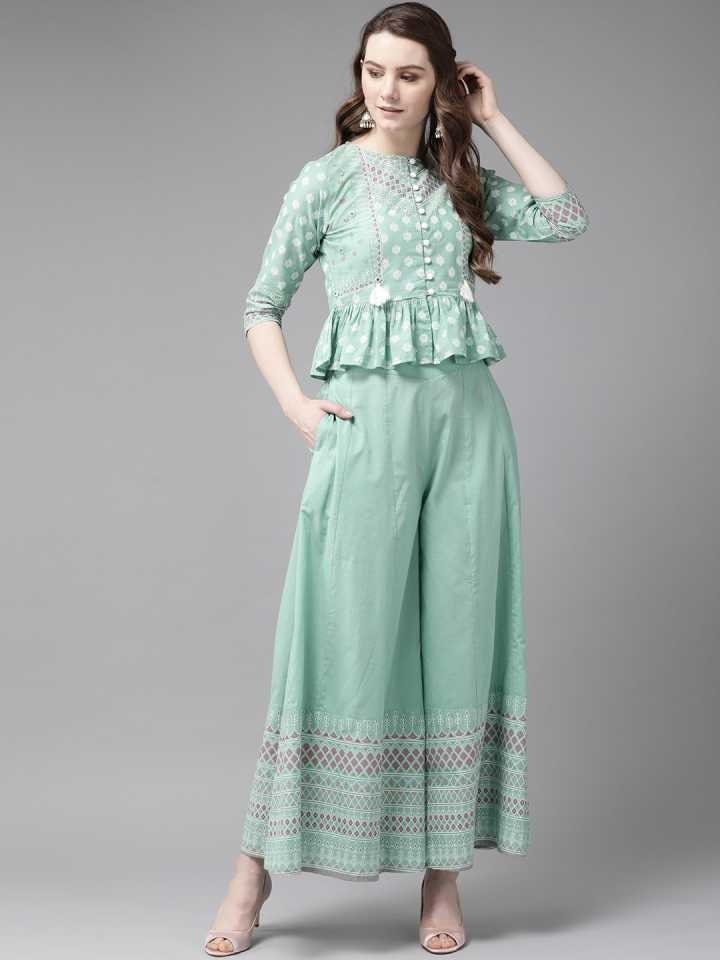 Green & White Printed Peplum Top with Palazzo Pants vitansethnics