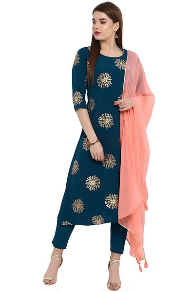 Foil Print Kurti With Pant And Dupatta Set vitansethnics