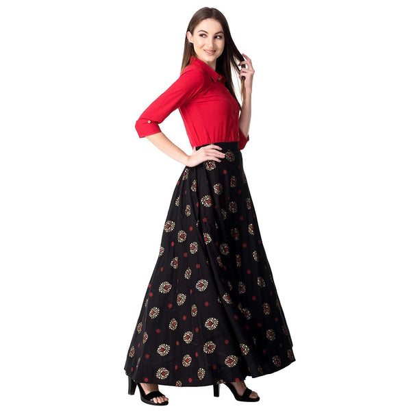 Red & Black Solid Shirt with Printed Skirt vitansethnics
