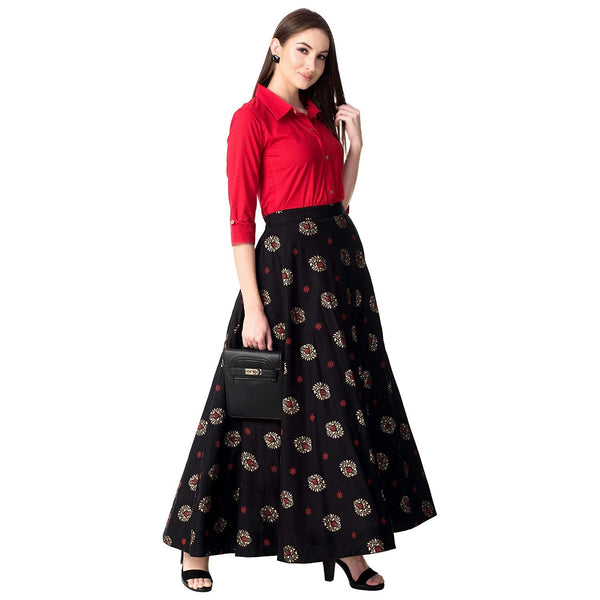 Red & Black Solid Shirt with Printed Skirt vitansethnics