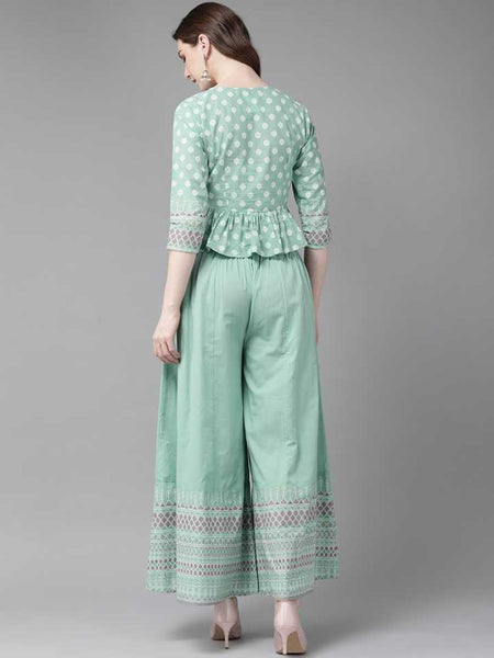 Green & White Printed Peplum Top with Palazzo Pants vitansethnics