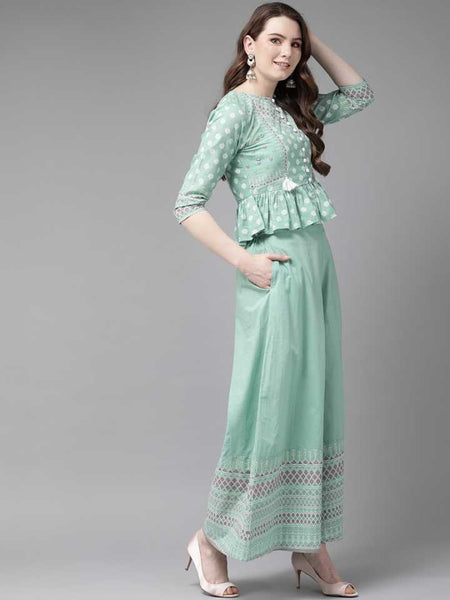 Green & White Printed Peplum Top with Palazzo Pants vitansethnics