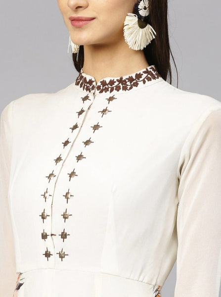 Embroidered Neck Floral Print Gown vitansethnics