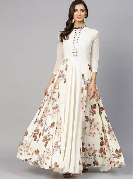 Embroidered Neck Floral Print Gown vitansethnics