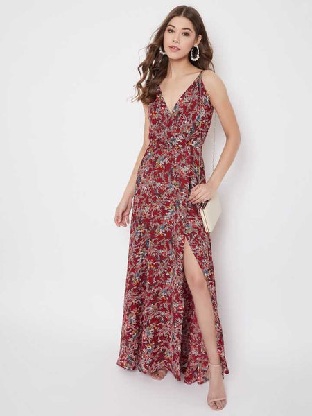 Floral Printed Slit Maxi Dress vitansethnics