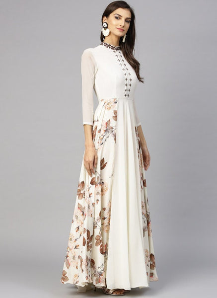 Embroidered Neck Floral Print Gown vitansethnics