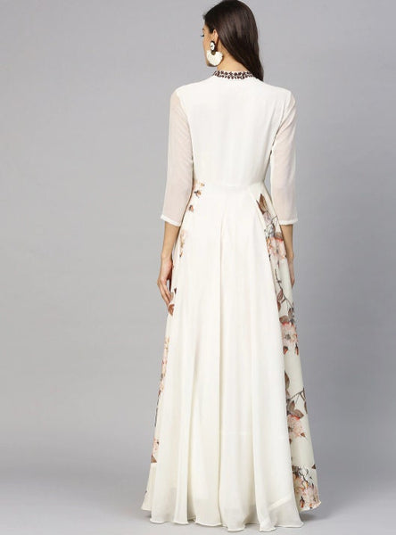 Embroidered Neck Floral Print Gown vitansethnics